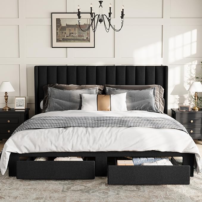 GAOMON Full Size Upholstered Platform Bed Frame with 2 Under-Bed Storage Drawers, Velvet Wingback Headboard, No Box Spring Needed, Sturdy & Noise-Free, Black