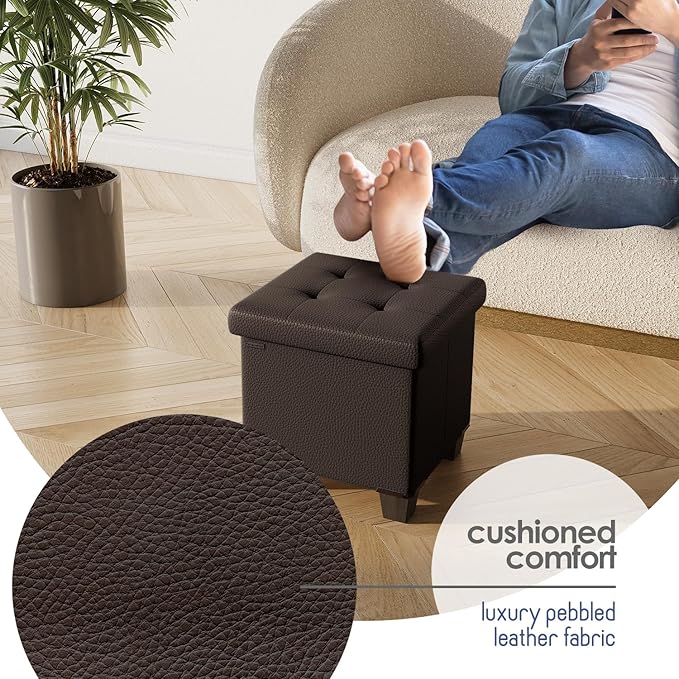 Storage Ottoman Cube with Small Bin, 15-in Square Ottoman with Storage for Living Room and Bedroom, Small Ottomans Foot Rest, Faux Leather Foot Stools Ottomans Max 330lbs, Brown