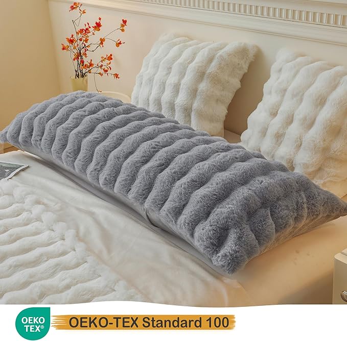 LIFEREVO Fluffy Faux Rabbit Fur Body Pillow Cover, Soft Cute Bubble Shaggy Plush Bed Body Pillowcase with Zipper Closure, Long 20"x54" Fuzzy Furry Pillow Case for Pregnancy Side Sleeper, Light Grey