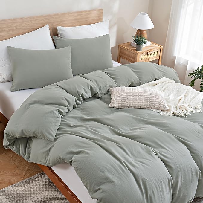 TOCOMOA Muslin Duvet Cover 100% Cotton Like Linen Texture Breathable Soft Comfy 3-Piece Sage Green Comforter Cover Bedding Set (King 104"x90", Comforter Not Included)