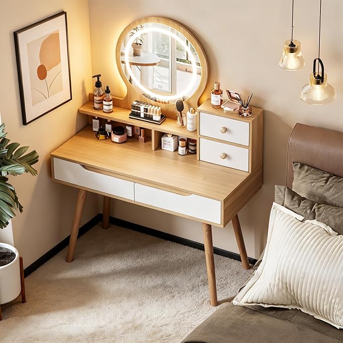 Casaphoria Makeup Vanity Desk with LED Mirror & Storage, 31.5 Inch Dressing Table with 4 Drawers, 3 Open Shelves, Solid Wood Legs for Bedroom, Small Space Vanity Table