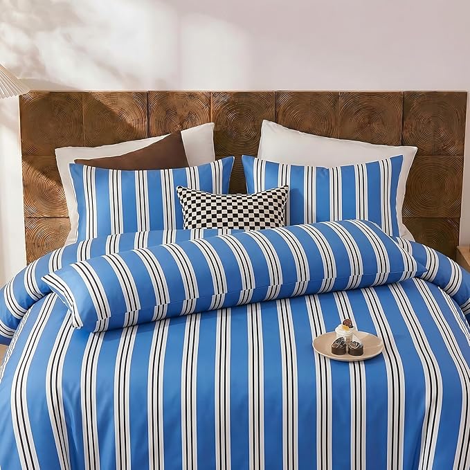 Merryword King Size Pillowcases, 100% Cotton Pillow Cases, Blue Striped Pillowcases, Soft Breathable Ribbon Stripe Pillow Covers, Set of 2