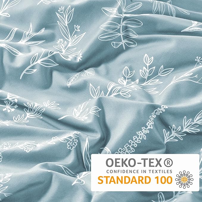 MUXHOMO Duvet Cover King Size, Reversible Floral Mineral Blue Duvet Cover Set with Zipper Closure, 3 Pieces Botanical Patterns Soft Microfiber Bedding Set (90"x104", 2 Pillow Cases 20"×36")