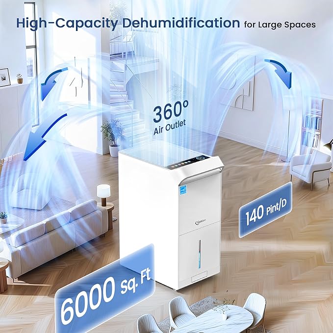 6,000 Sq.Ft Most Efficient Energy Star 2025 Dehumidifier,Vellgoo Max 140 Pint/D Smart Compressor Dehumidifier for Basement with Drain Hose, for Home,Large Rooms
