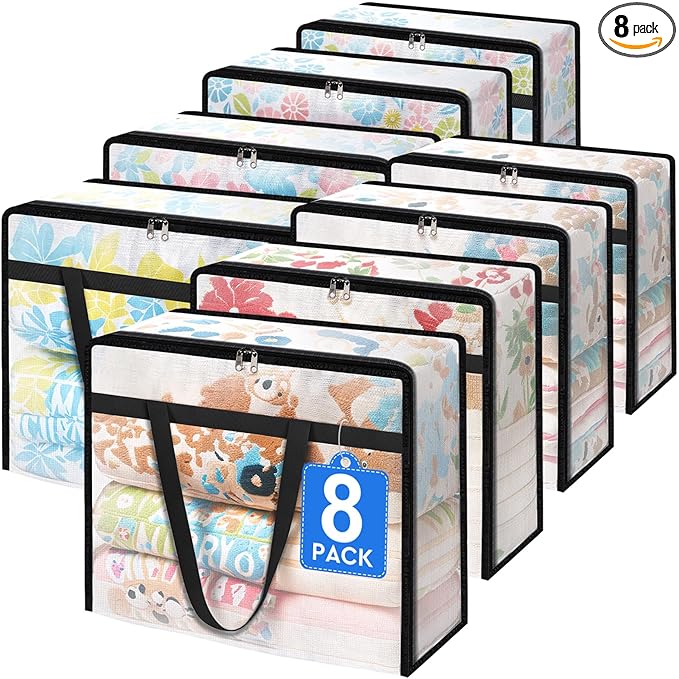 TasticTotes 8 Pack Clear Storage Bags for Comforter, Clothes & Bedding, Plastic Blanket Storage with Zipper and Handle, Moving Bags, Closet Organizer and Under-Bed Storage (90L)