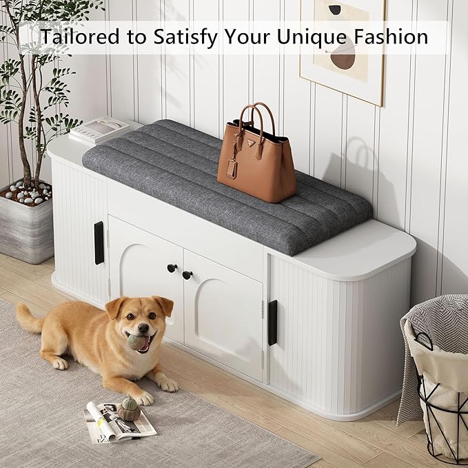 Einhomn 47.2'' Sliding Door Entryway Shoe Storage Bench with Seat Cushion, Shoe Rack with Lift-Top Hidden Storage & Adjustable Shelf, Bench for Bedroom End of Bed, White