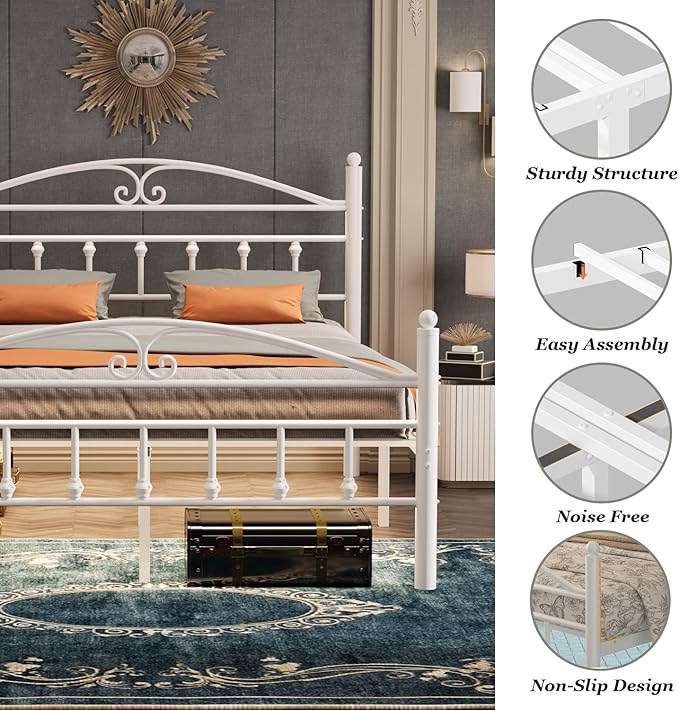 Queen Bed Frame with Charging Station,White Metal Platform Bed Frame Queen Size with LED Lights,Heavy Duty Metal Steel Slats Support,Noise Free,Easy to Assemble,12 Inch