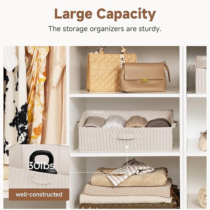 StorageWorks Closet Storage Bins, Trapezoid Organizer Box for Shelves, Fabric Clothes Bin, Foldable Organizing Baskets with Handles, Large, Khaki and Beige Stripes, 3-Pack
