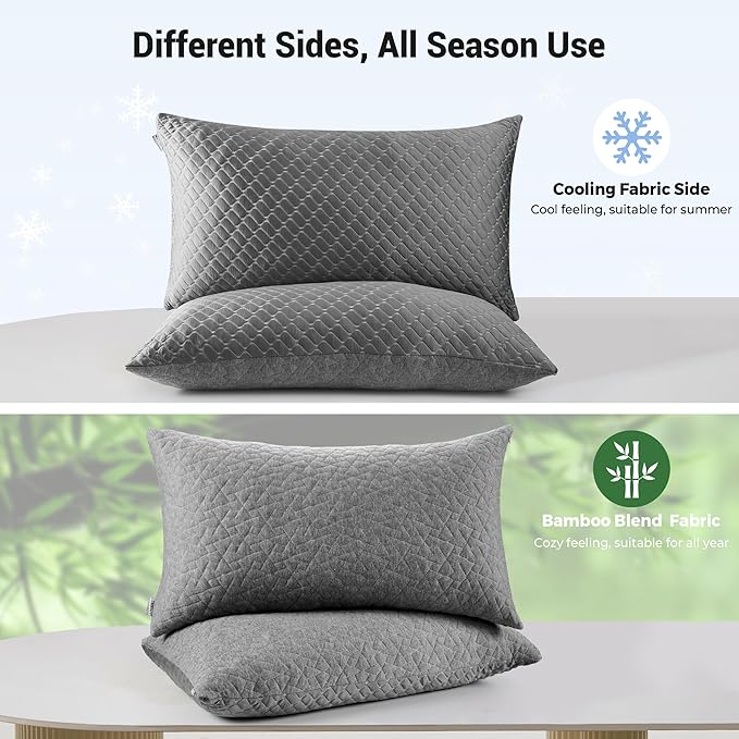 puredown® Pillows Standard Size Set of 2, Shredded Memory Foam Pillows, Cooling Pillow for Sleeping, Bed Pillows Standard Size with Adjustable Foam for Side, Back and Stomach Sleepers, Grey