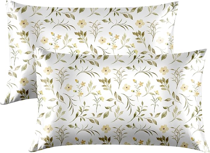 EXQ Home Satin Pillowcase for Hair and Skin Queen - Printed Yellow Sprig Silk Pillow Cases 2 Pack 20x30 inches - Satin Pillow Cases Set of 2 with Envelope Closure, Gifts for Women Men