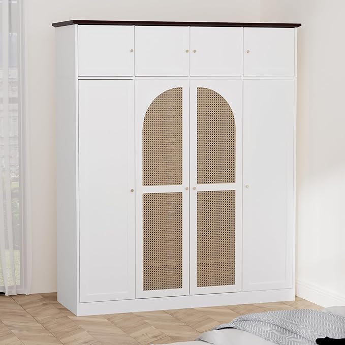 4 Doors Large Armoire Wardrobe Closet with Rattan Doors, 70.87" Tall Freestanding Wooden Closet Wardrobe Cabinet with Hanging Rod and Adjustable Shelves, Clothing Storage Cabinet for Bedroom, White