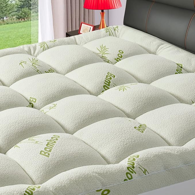 PATSBA Premium Viscose Made from Bamboo Queen Size Mattress Topper for Back Pain,1200 GSM Quilted Fitted Extra Thick Mattress Pad,Pillow Top Mattress Cover with Deep Pocket Up to 21 Inches（60*80inch）