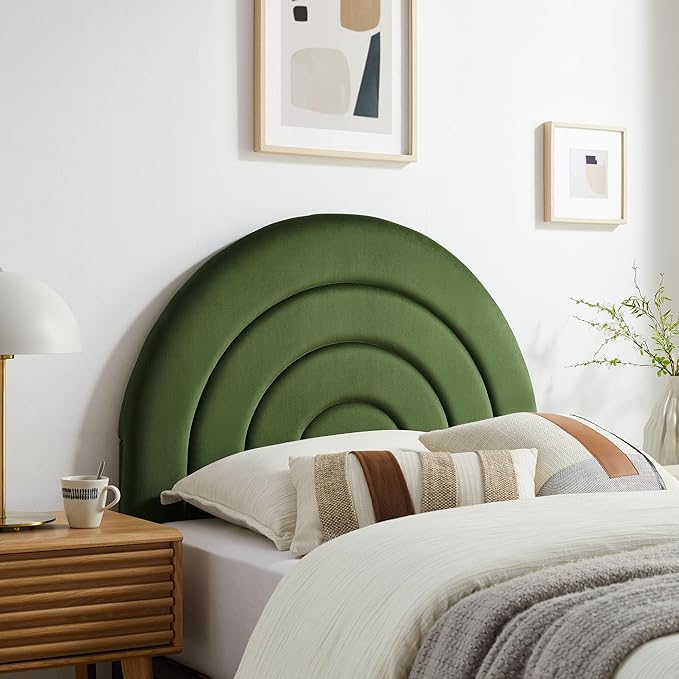 Modway Solana Soft Arch Shaped Round Twin Headboard in Moss Green – Upholstered Headboard – Stain-Resistant Performance Velvet Headboard for Twin Beds