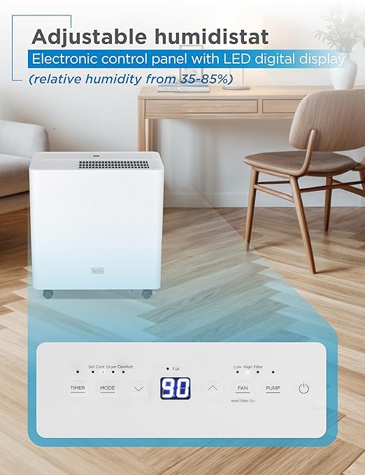 BLACK+DECKER Portable Dehumidifier, Extracts 50-Pint Per 24-Hours, Dehumidifier up to 4500 Sq. Ft. Coverage, 12.68-Pint Bucket, Energy Star Certified, BDM50WCDA, White