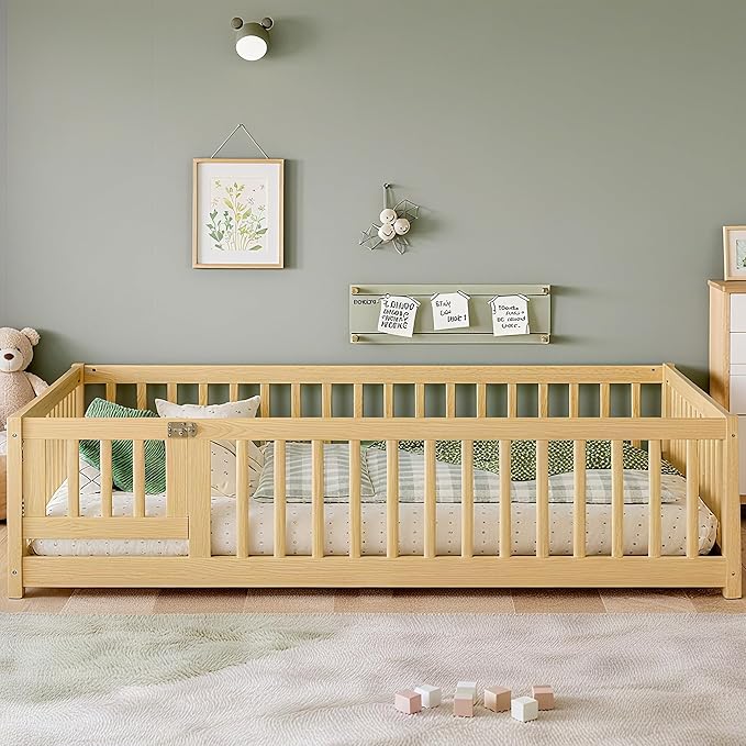 Bellemave Full Size Montessori Floor Bed Frame with Rails & Door, Solid Wood Kids Floor Bed Full with Removable Slats, Low Profile Montessori Bed for Children’s Sleep & Play, Natural