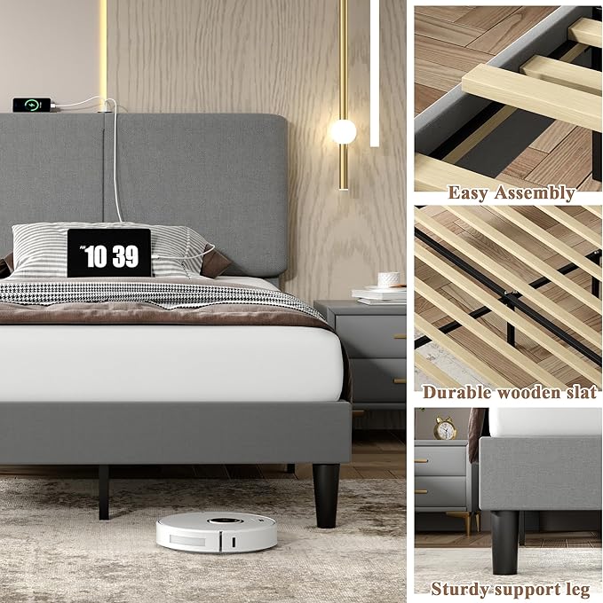 VECELO Queen Bed Frame with Type-C & USB Ports, Upholstered Platform Height-Adjustable Cotton and Linen Headboard,No Box Spring Needed,Noise-Free,Easy Assembly, Dark Gery