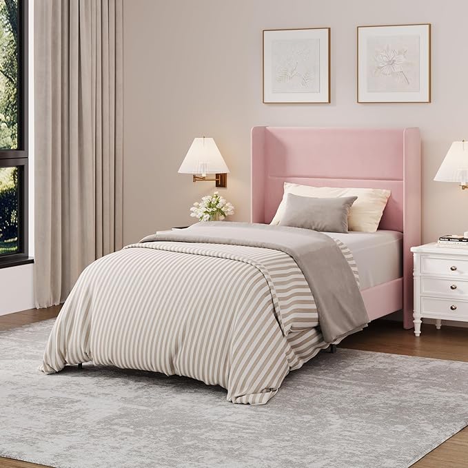 Garvee Twin Size Bed Frame with Wingback Headboard, Velvet Upholstered Platform Bedframe with Wood Slats, No Box Spring Needed, Easy Assembly, Pink