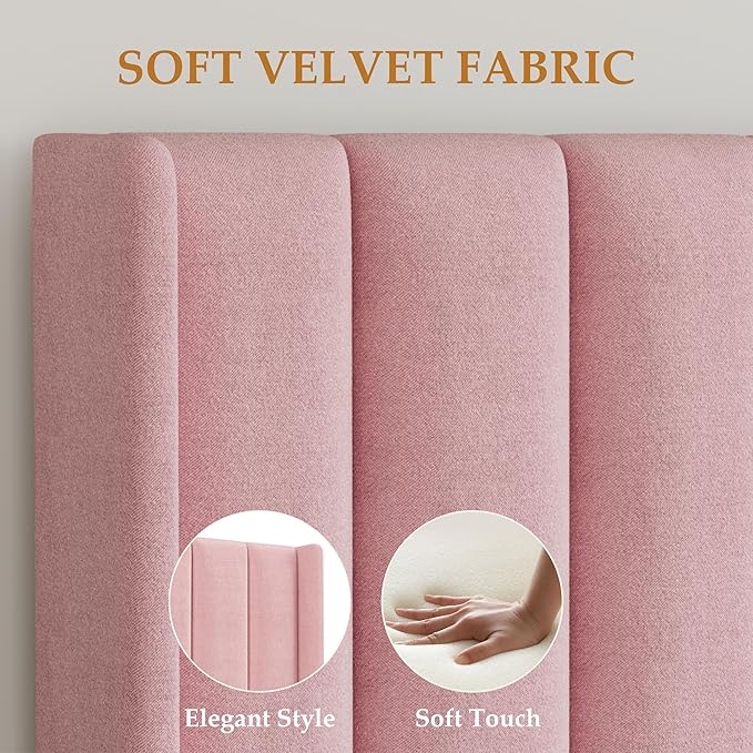 GarveeHome Full Size Bed Frame, Bed Frame Upholstered Platform Bed with Velvet Headboard, Wing Edge Design, 2 Storage Drawers, No Box Spring Needed, Pink
