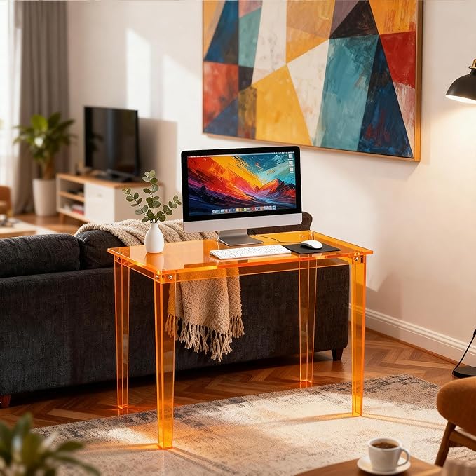 Acrylic Desk, Clear Modern Writing Table for Home Office (Orange, Small)
