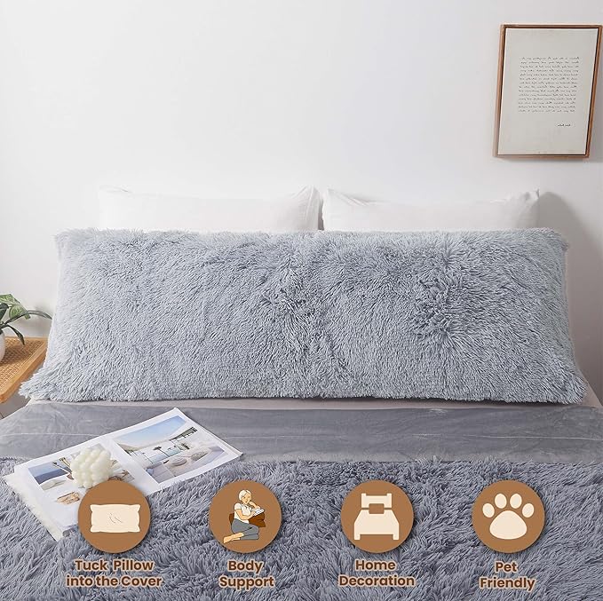 MEGO Shaggy Plush Body Pillow Cover, Faux Fur Fluffy Body Pillowcase, 20x54 Boho Fuzzy Full Body Pillow Case, Furry Long Big Throw Pillow Sham with Zipper for Home Bedding Couch Living Room Light Grey