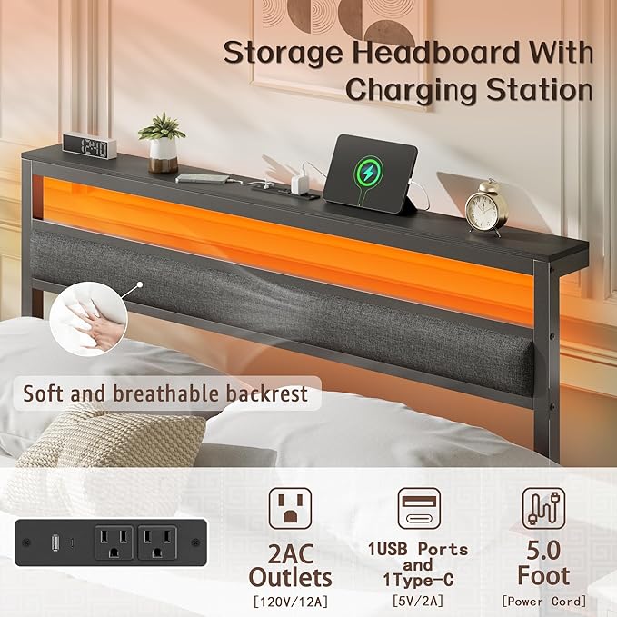 OURPIC Full Size Bed Frame, Bed Frame Full with LED Lights and Charging Station Headboard, Black Metal Platform Bedframe and Storage Shelf, No Box Spring Needed, Noise Free