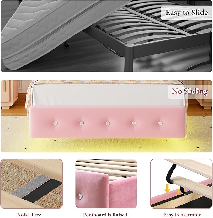 Keyluv Twin Bed Frame Butterfly-Pattern Upholstered Headboard, Modern Floating Bed with LED Lights Button Tufted on Headboard and Footboard, Slats Support No Box Spring Needed, Noise-Free, Pink