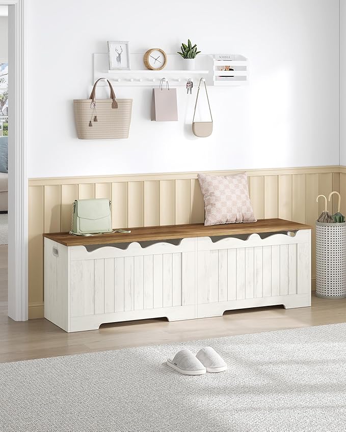 Hzuaneri 59" Storage Chest, Storage Bench Trunk with 2 Hinges, Wooden Box, Lift-Top Chest Organizer, Shoe Bench for Entryway, Bedroom, Living Room, Rustic White SB01514X