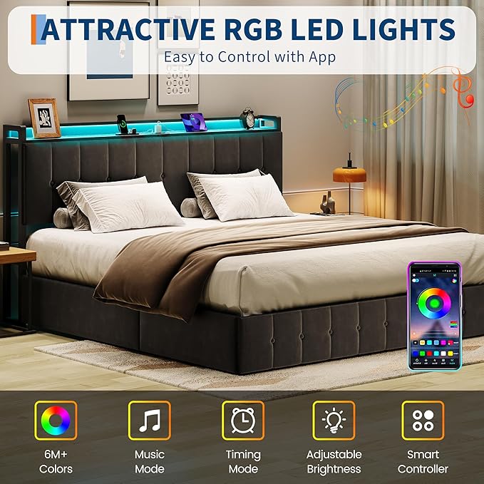 Garvee King Size Lift Up Storage Bed with LED Lights, Upholstered Velvet Bed Frame with Storage Headboard & Charging Station, Metal Platform Bed, No Box Spring Needed, Solid Wooden Slats, Black
