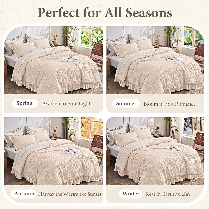 JOLLYVOGUE Beige Queen Comforter Set, 3 Pieces Seersucker Comforters Queen Size, Lightweight & Fluffy Bedding Sets Queen for All Season with 1 Ruffle Comforter and 2 Ruffle Pillowshams