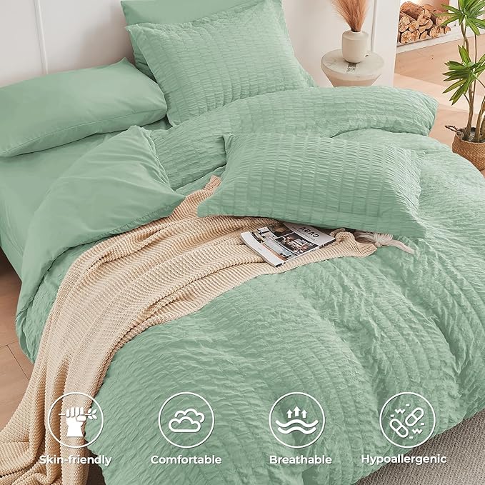 HYMOKEGE Sage Green Full Size Comforter Sets Seersucker 7 Pieces, All Season Luxury Bed in a Bag for Bedroom, Bedding Set with Comforters, Sheets, Pillowcases & Shams