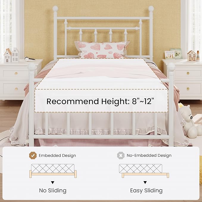SHA CERLIN 14" Twin Size Metal Platform Bed Frame/Victorian Headboard and Footboard/Steel Slats Mattress Foundation for Storage/No Box Spring Needed/Noise Free/White