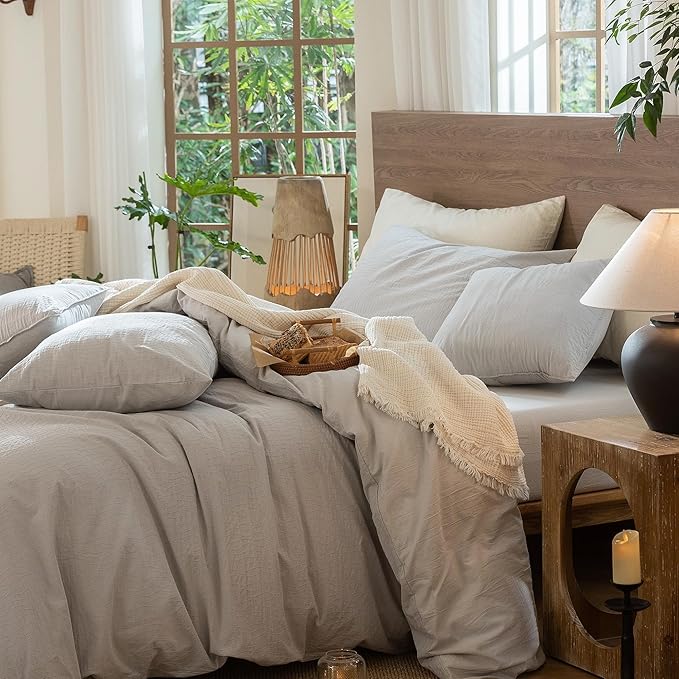 MooMee Wavy Striped Duvet Cover Set 100% Washed Cotton Linen Like Textured Breathable Durable Soft Comfy (Light Grey, Palatial King/Oversized King 120"x98")