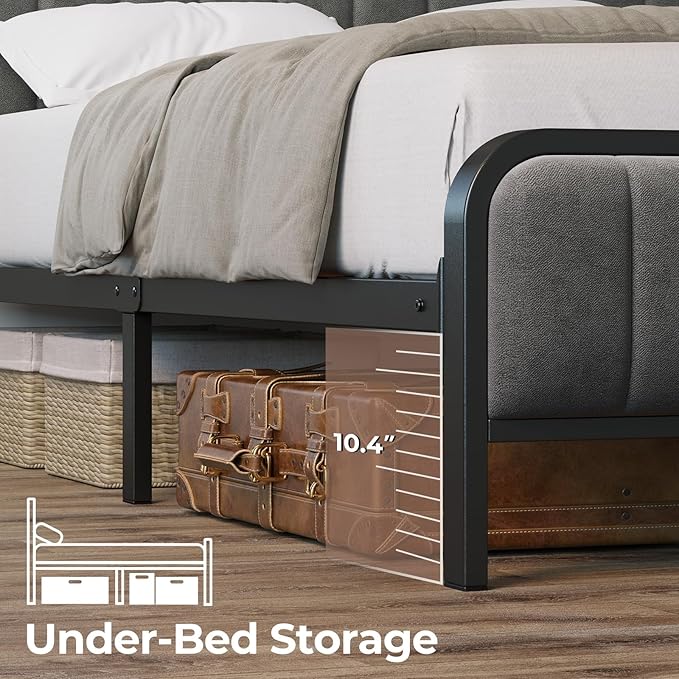 Rolanstar Queen Size Bed Frame with LED Light and Charging Station, Upholstered Headboard and Footboard, Metal Slat, Noise Free, Easy Assembly, Dark Gray