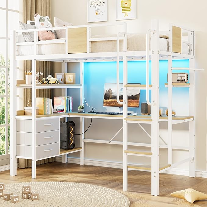 Garvee Twin Loft Bed with Desk and Stairs, Heavy Duty Loft Bed with RGB LED Lights, Charging Station, 3 Fabric Storage Drawers & 2 Open Shelves, No Box Spring Needed