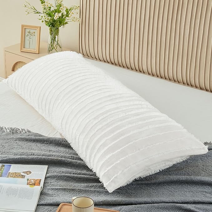BEDELITE Body Pillow Cover with Zipper Closure, Decorative Boho Fleece Pillowcase 20 x 54 Inches, Luxury Fluffy Plush Long Body Pillow Pillowcase for All Seasons(Bright White-Boho)