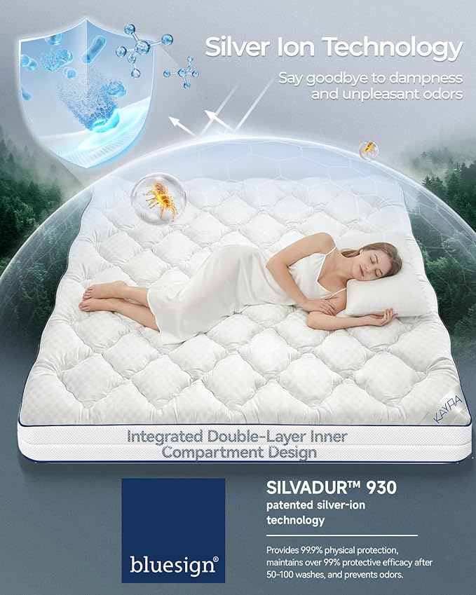 4 Inch Mattress Topper Queen Integrated Dual Layer, 2-in-1 Cooling Gel Memory Foam Pillow Top Mattress Topper for Back Pain, Queen Size Silver Ion Certified Mattress Pad