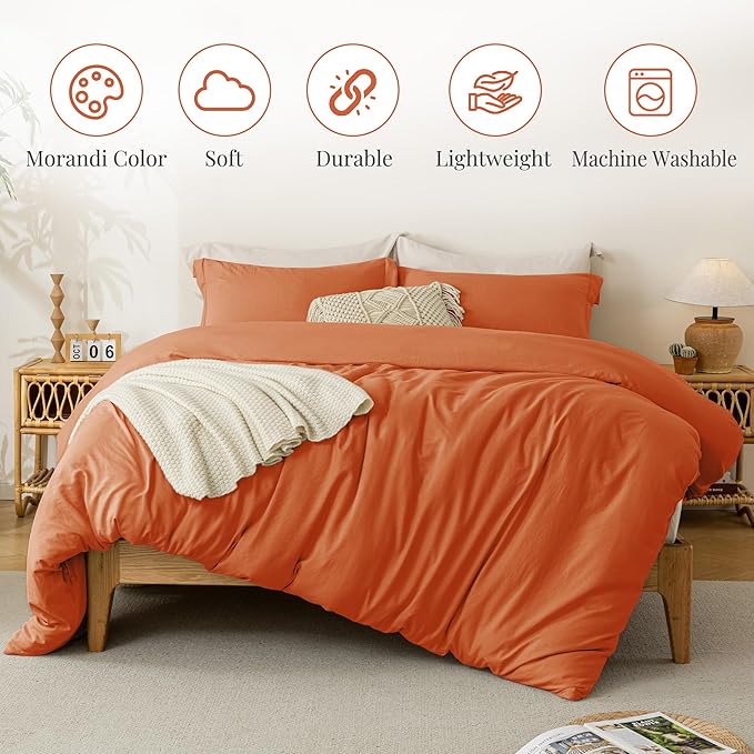 MILDLY Super Soft Duvet Cover - 100% Washed Microfiber Rust Comforter Cover Set 3 Pieces with Zipper Closure & Corner Ties (No Comforter)