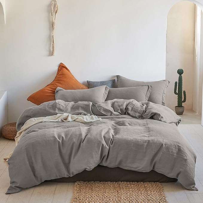 Simple&Opulence 100% Linen Duvet Cover Set 3pcs Basic Style Natural French Washed Flax Solid Color Soft Breathable Farmhouse Bedding with Button Closure - Dove Grey, Queen