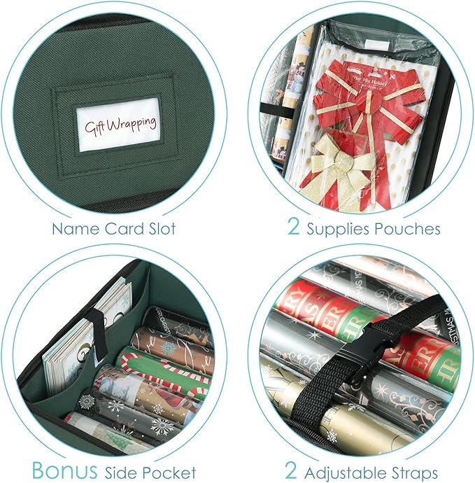 Hearth & Harbor Wrapping Paper Storage Container - Christmas Storage Bag with Interior Pockets - Gift Wrapping Organizer Storage Fits Up to 22 Rolls of 40" - Tear Proof Wrapping Paper Organizer