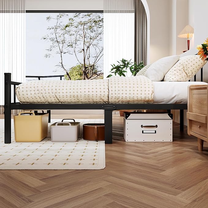 zizin Queen Size Metal Bed Frame with Headboard & Footboard 14 Inch Metal Platform Mattress Foundation Support with Steel Slat, Under Bed Storage, No Box Spring Needed
