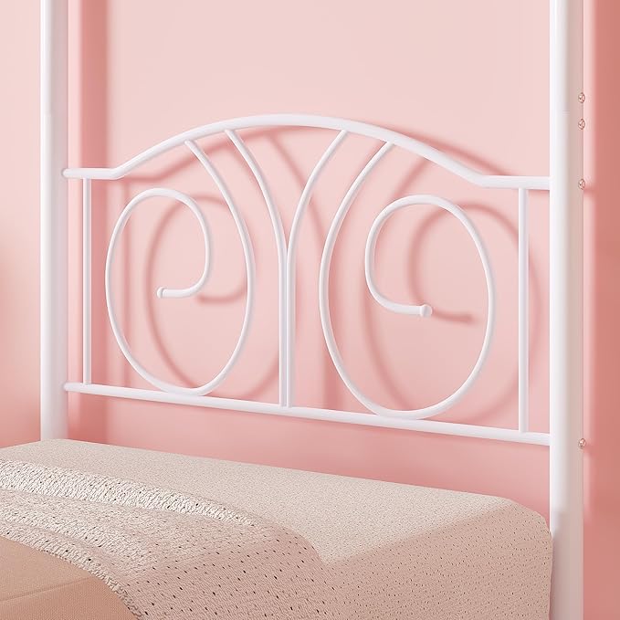 VECELO Metal Canopy Bed Frame Twin Size, 4 Posters Platform Mattress Foundation with Headboard, Heavy Duty Steel Slats Support, No Box Spring Needed, Pure White