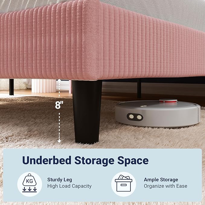 Allewie King Size Bed Frame with Upholstered Wingback Headboard, Vertical Channel Tufted Corduroy Velvet Platform Bed, Strong Wooden Slats Support, No Box Spring Needed, Easy Assembly, Light Pink