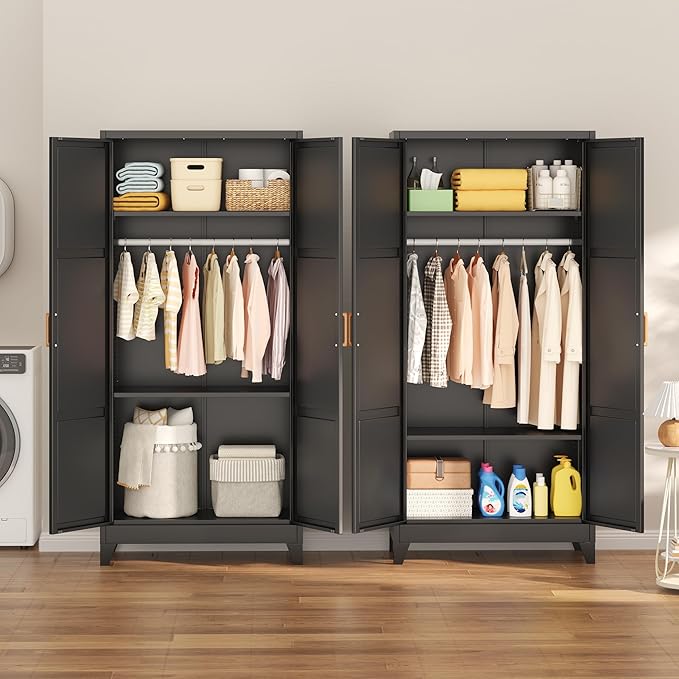 INTERGREAT Metal Armoire Wardrobe Closet, Storage Cabinet with Hanging Rod, 71" H Wardrobe Closet with Doors, Metal Storage Cabinets for Bedroom/Office/Garage (Black)