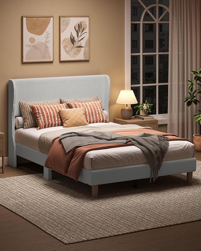 Bestier Full Bed Frame with Wingback Headboard,Upholstered Platform Full Size Bed with Strong Wooden Slats,No Box Spring Needed,Never Squeaks,Easy Assembly,Light Grey