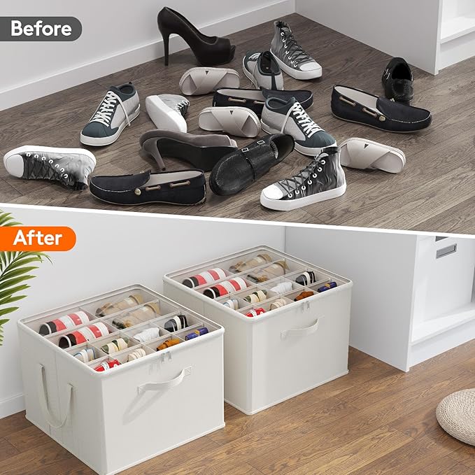 Lifewit Shoe Storage Organizer for Closet, Fabric Large Shoe Box Storage Containers with Clear Cover, Foldable Bins for Boots Heels Sneakers Fits 12-16 Pairs, 1 Pack White