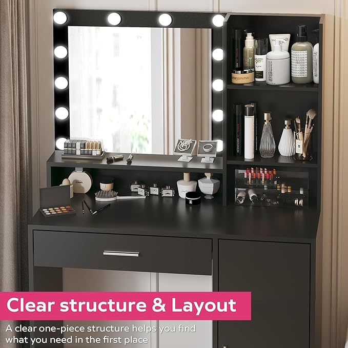 Palimder Vanity Desk with Mirror & Light, Large Drawer & Three Level Storage Dresser, 3 Lighting Modes Adjustable Brightness, Bedroom Dressing Table (Black)