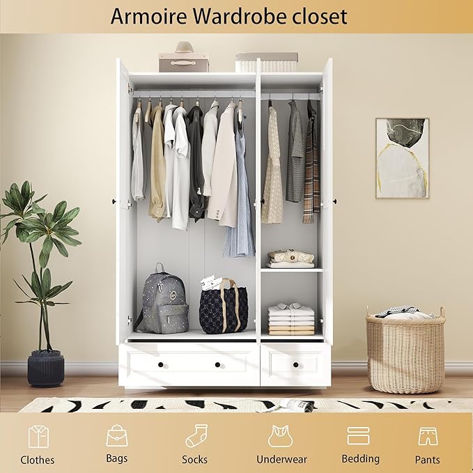 Armoire Wardrobe Closet with Drawers: 47" White Wardrobe Closet with 3 Doors and 2 Drawers, Wood Clothes Armoire with Hanging Rod, Clothing Storage Cabinet for Bedroom