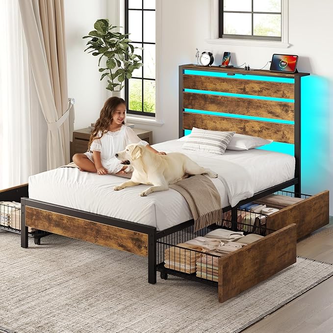 Rolanstar Twin Bed Frame with 4 Drawers, LED Lights and Charging Station, Metal Platform Bed with Storage Headboard, Noise Free, Easy Assembly, No Box Spring Needed, Rustic Brown
