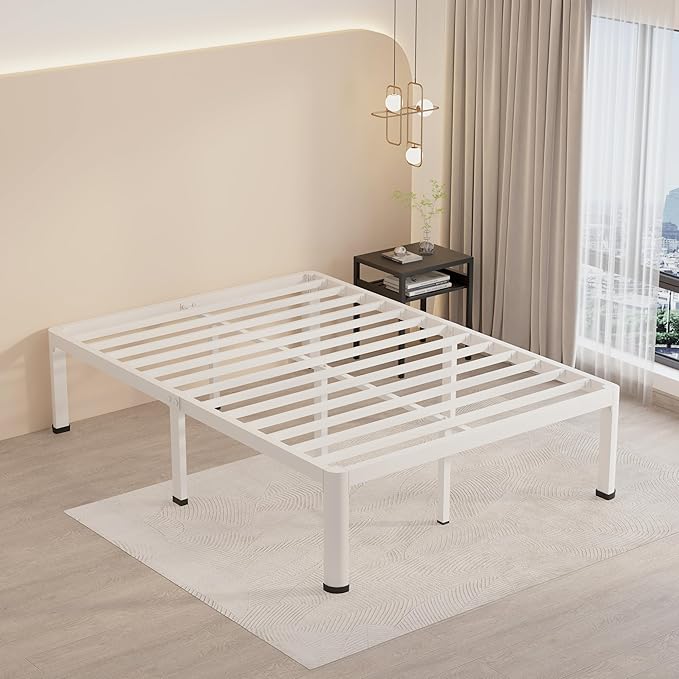 MAF 12 Inch Full Size Metal Platform Bed Frame White with Round Corner Legs, Mattress Slide Stopper, 3000 LBS Heavy Duty Steel Slats Support, Noise Free, No Box Spring Needed, Easy Assembly
