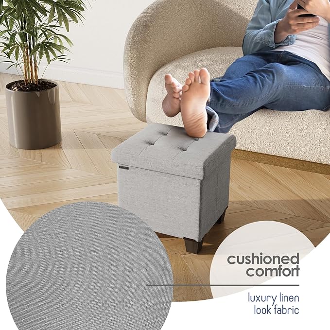 Storage Ottoman Cube with Small Bin, 15-in Square Ottoman with Storage for Living Room and Bedroom, Small Ottomans Foot Rest, Fabric Foot Stools Ottomans Max 330lbs, Light Grey